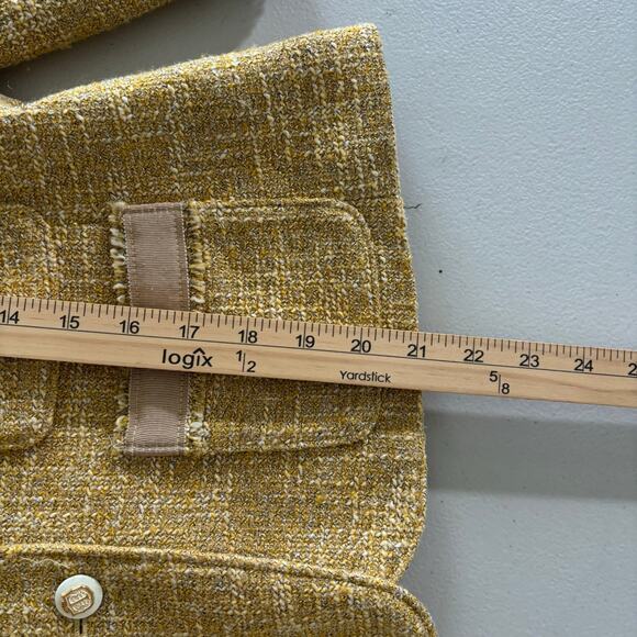 Talbots Women Size 10 Gold Fringe Tweed Pocket Cropped Metal Crest Button Blazer - Picture 6 of 10